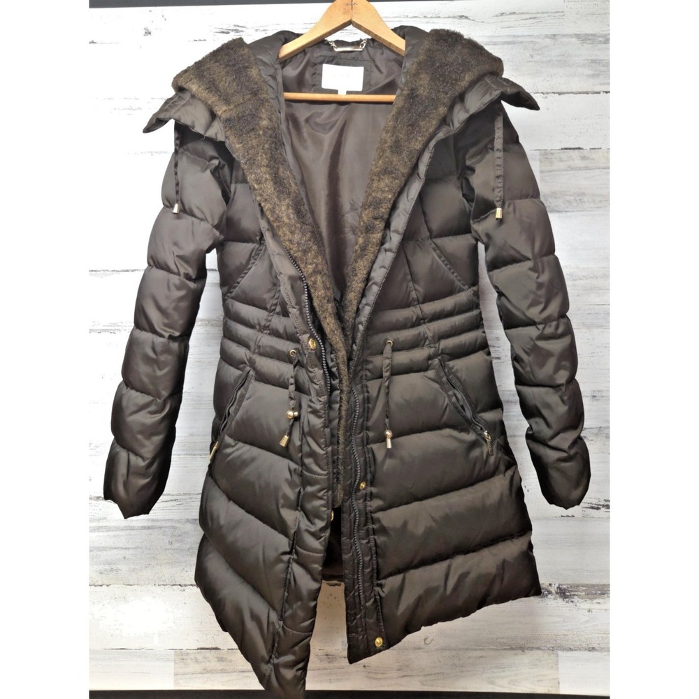 Laundry By Shelli Segal Down Puffer Quilted Black Full Zip Hooded Coat Jacket XS